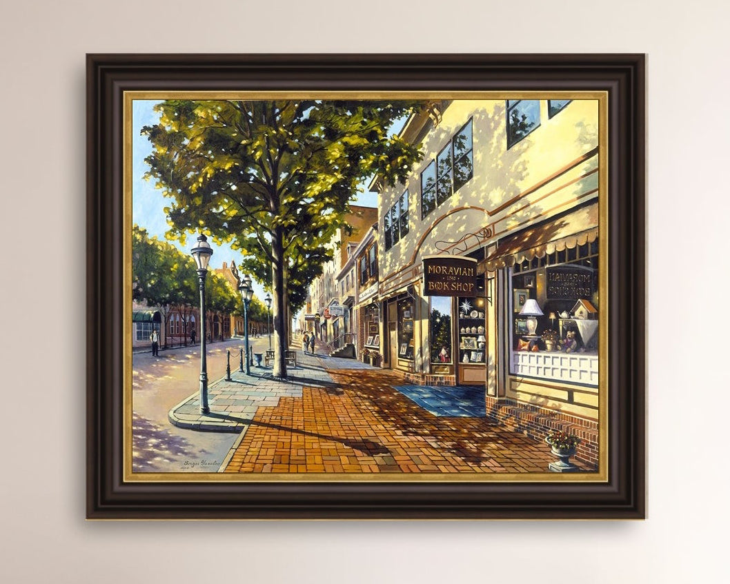 A vibrant giclee canvas print depicting a main street Bethlehem scene with Moravian Book shop.