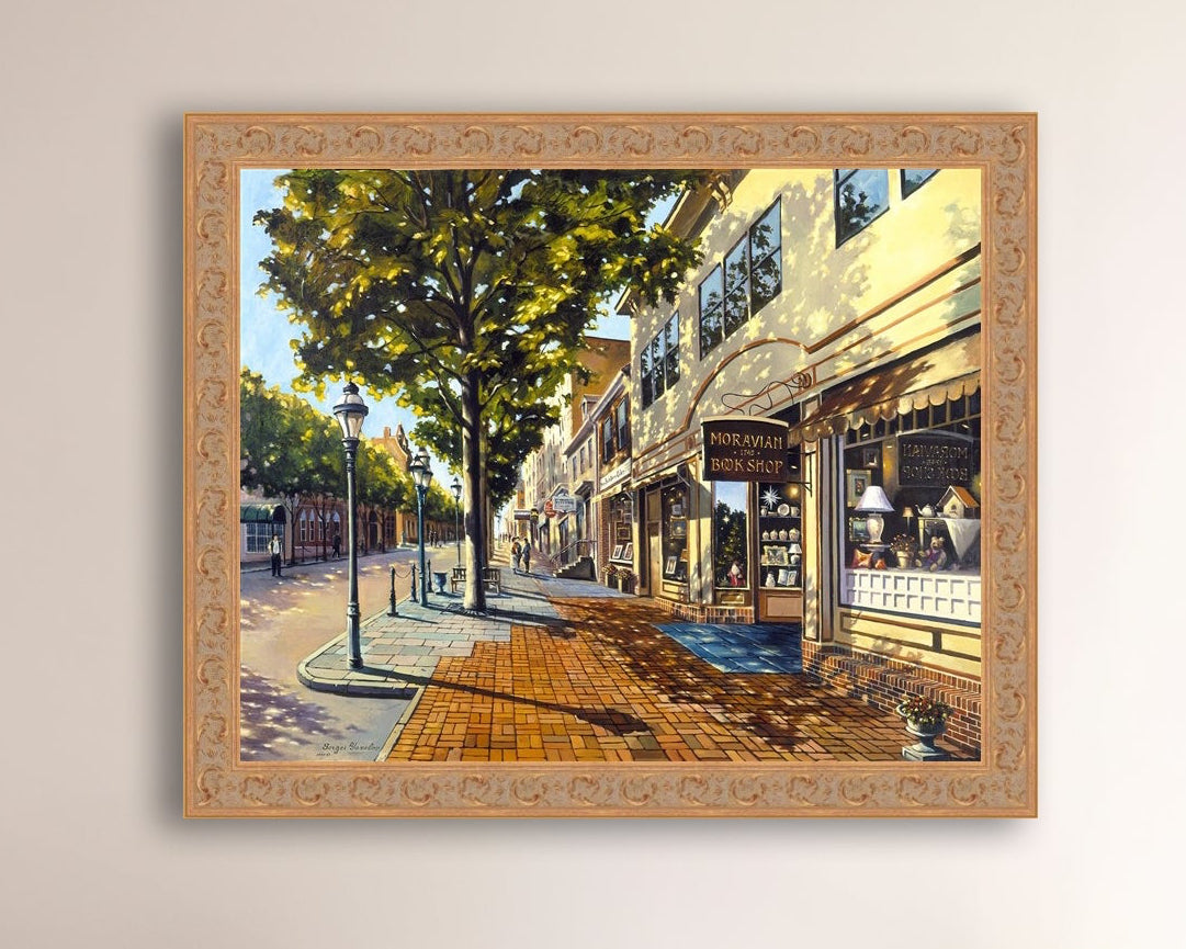 A vibrant giclee canvas print depicting a main street Bethlehem scene with Moravian Book shop.