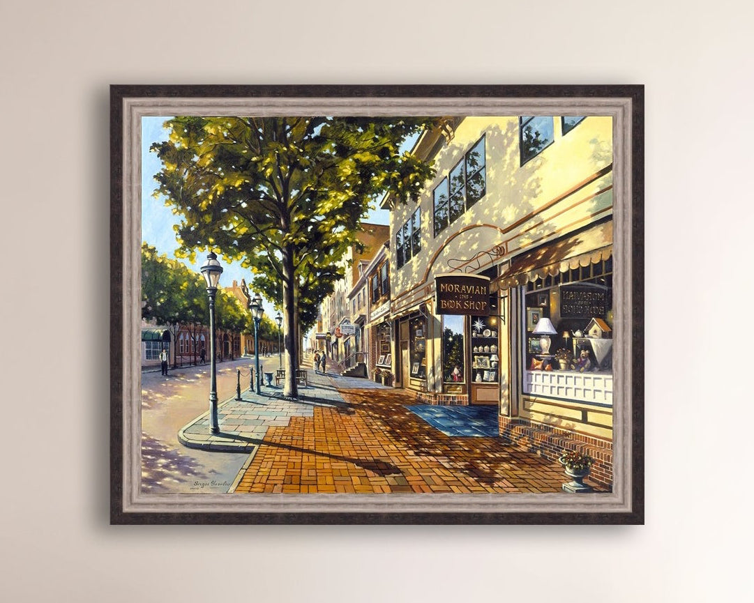 A vibrant giclee canvas print depicting a main street Bethlehem scene with Moravian Book shop.
