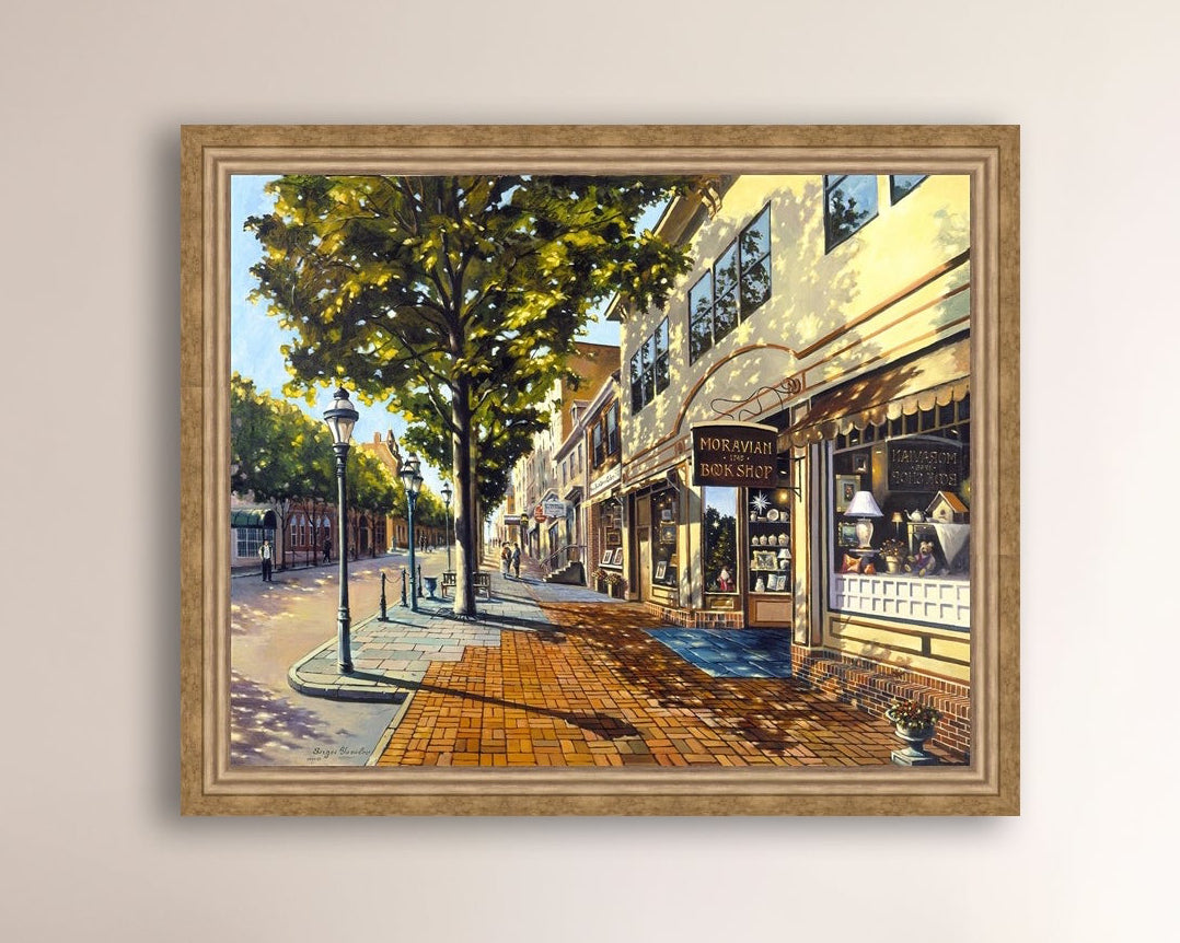 A vibrant giclee canvas print depicting a main street Bethlehem scene with Moravian Book shop.