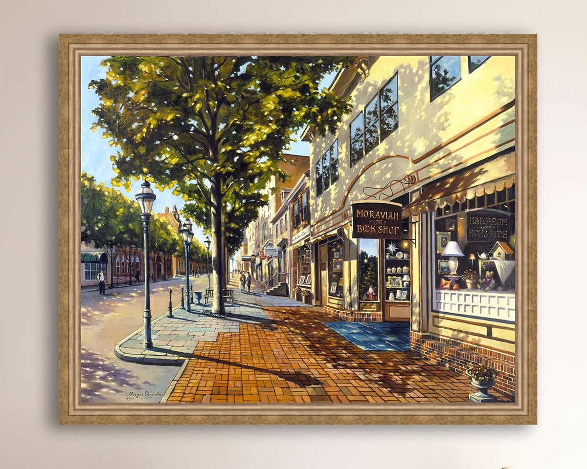 A vibrant giclee canvas print depicting a main street Bethlehem scene with Moravian Book shop.