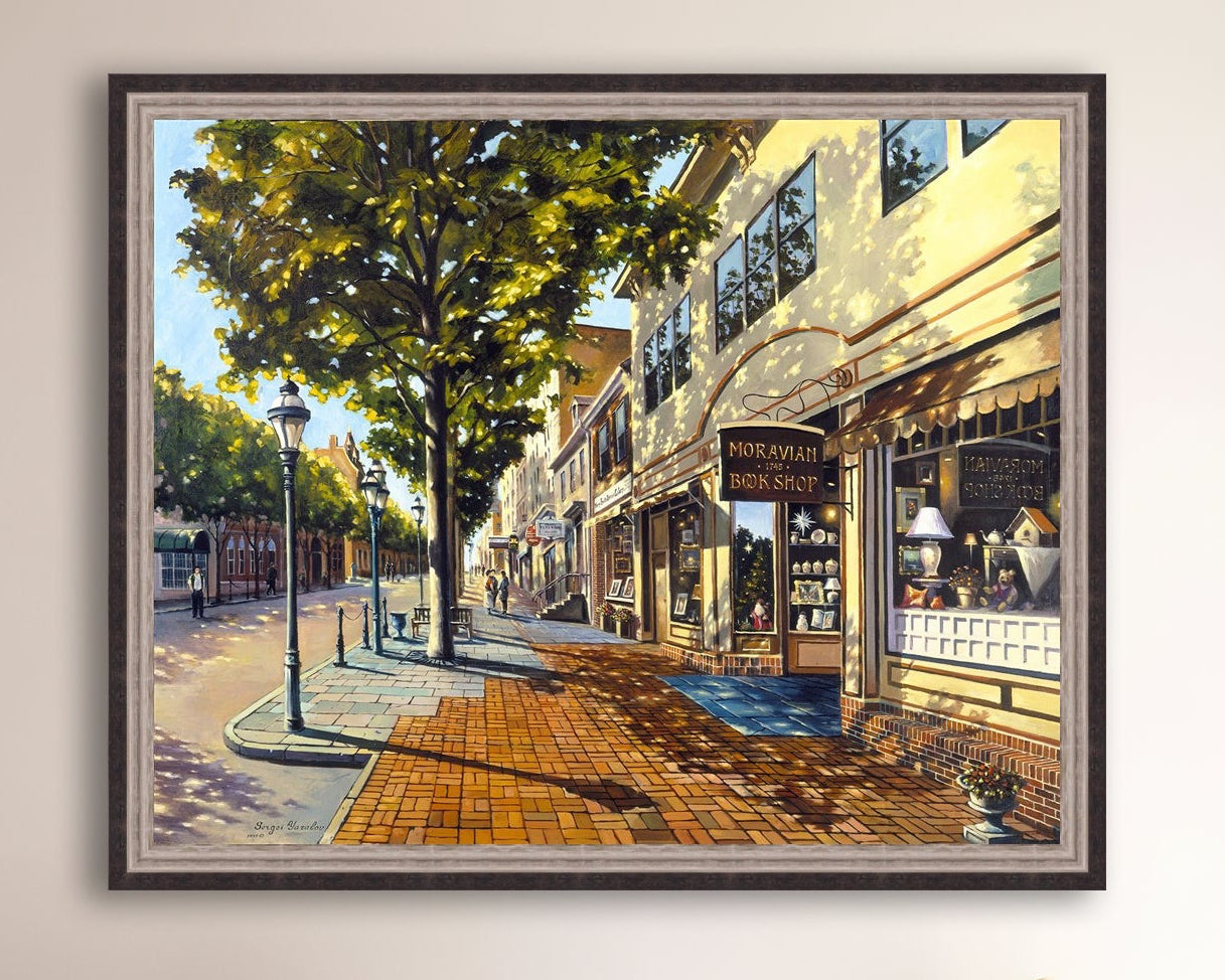 A vibrant giclee canvas print depicting a main street Bethlehem scene with Moravian Book shop.