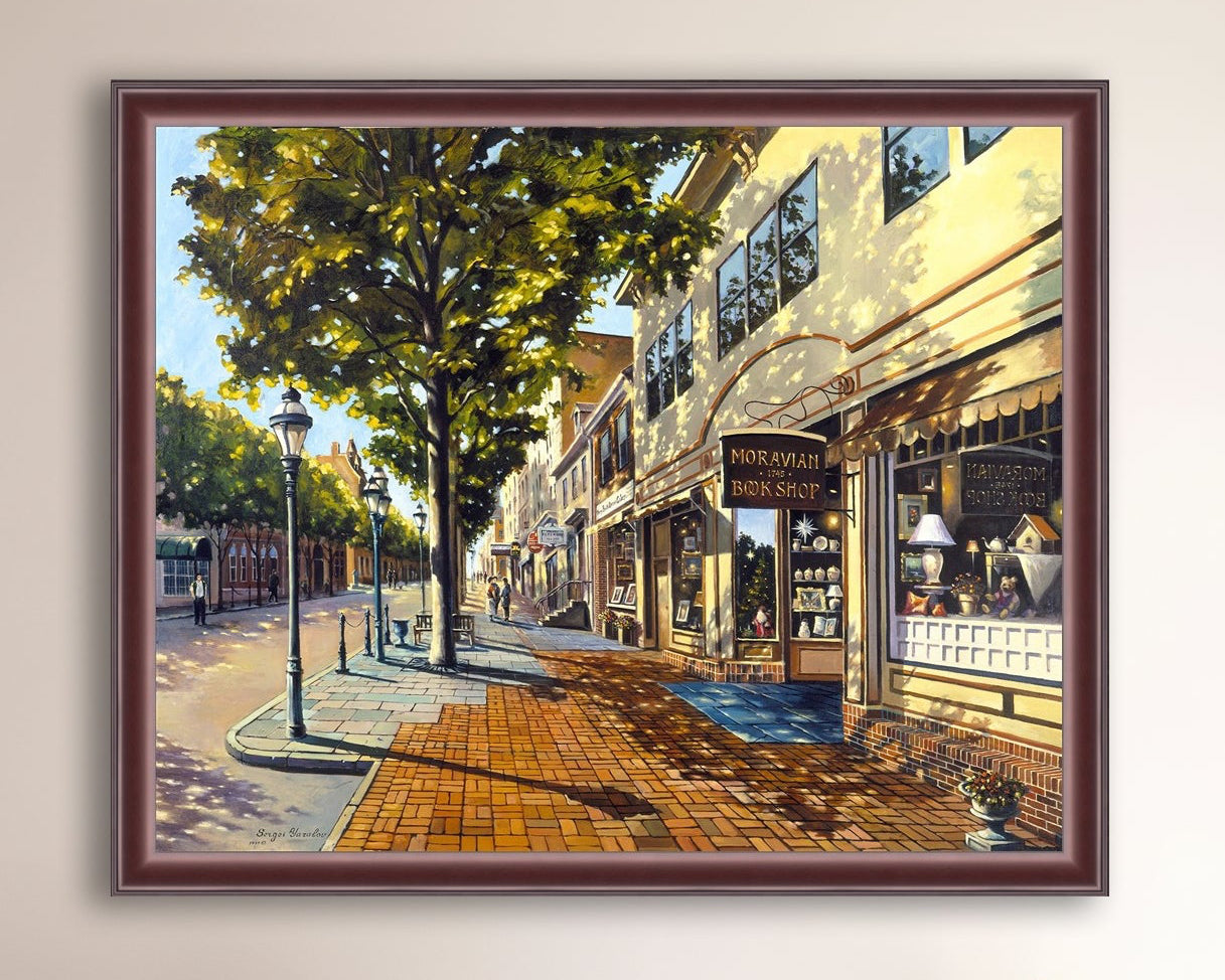 A vibrant giclee canvas print depicting a main street Bethlehem scene with Moravian Book shop.