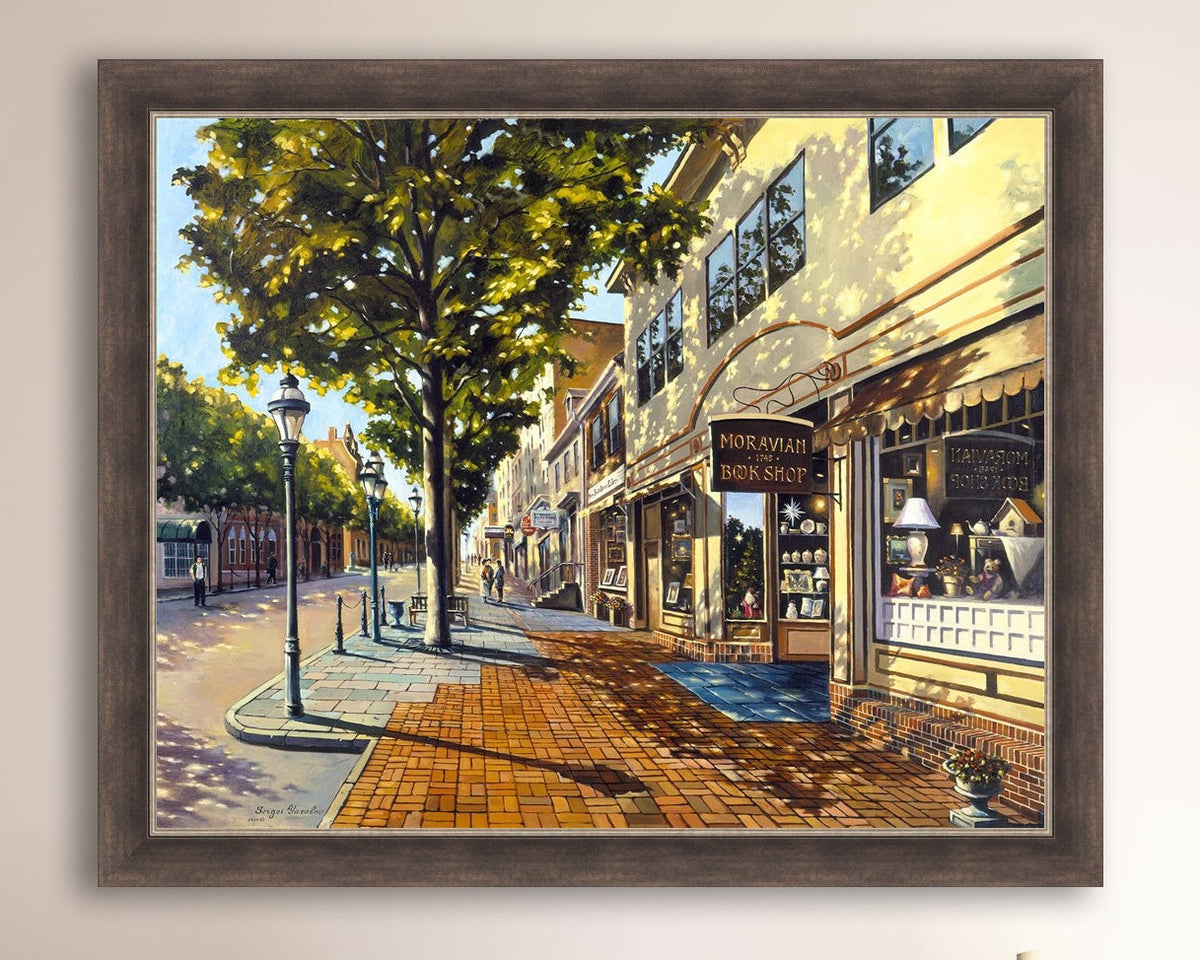 A vibrant giclee canvas print depicting a main street Bethlehem scene with Moravian Book shop.