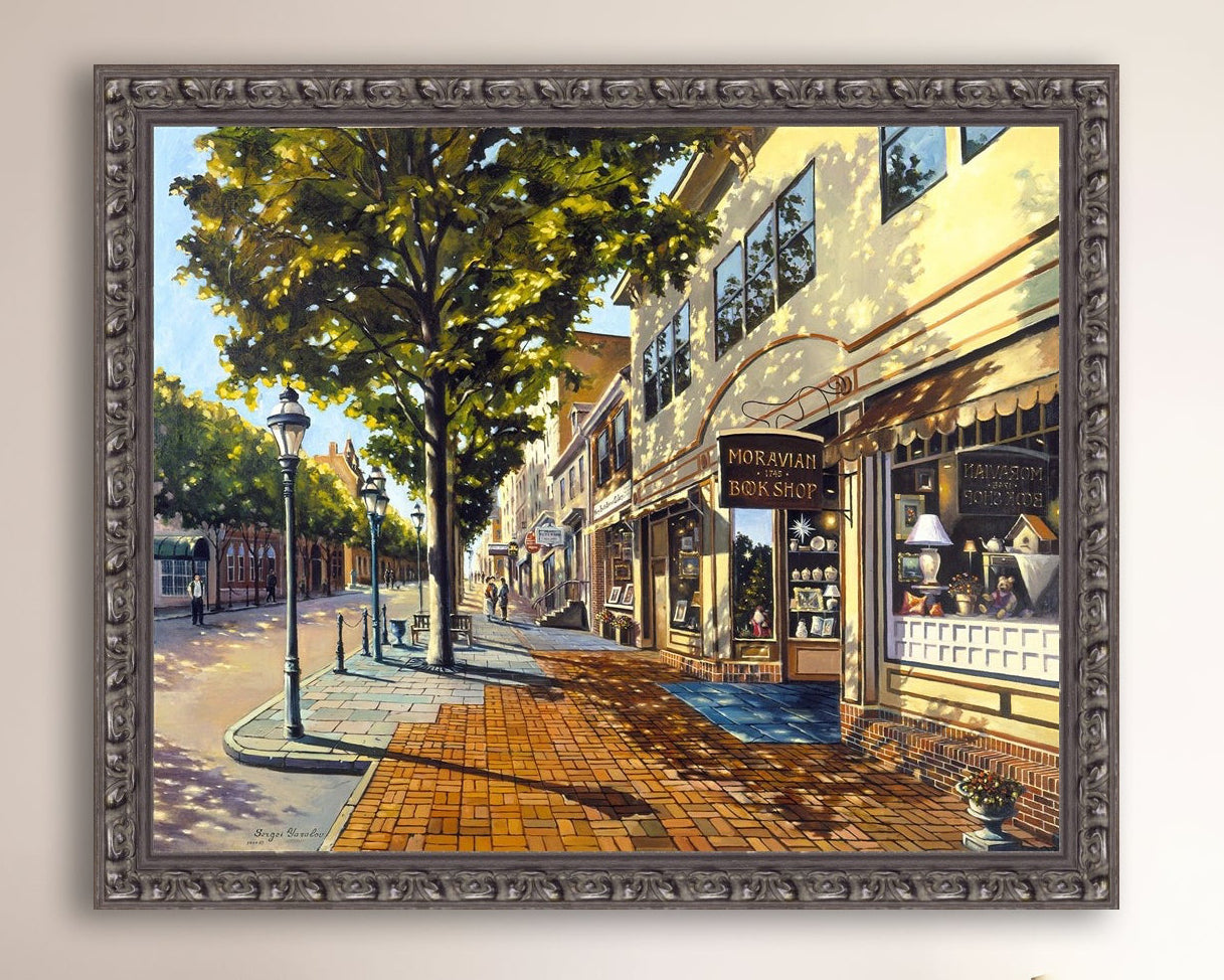 A vibrant giclee canvas print depicting a main street Bethlehem scene with Moravian Book shop.