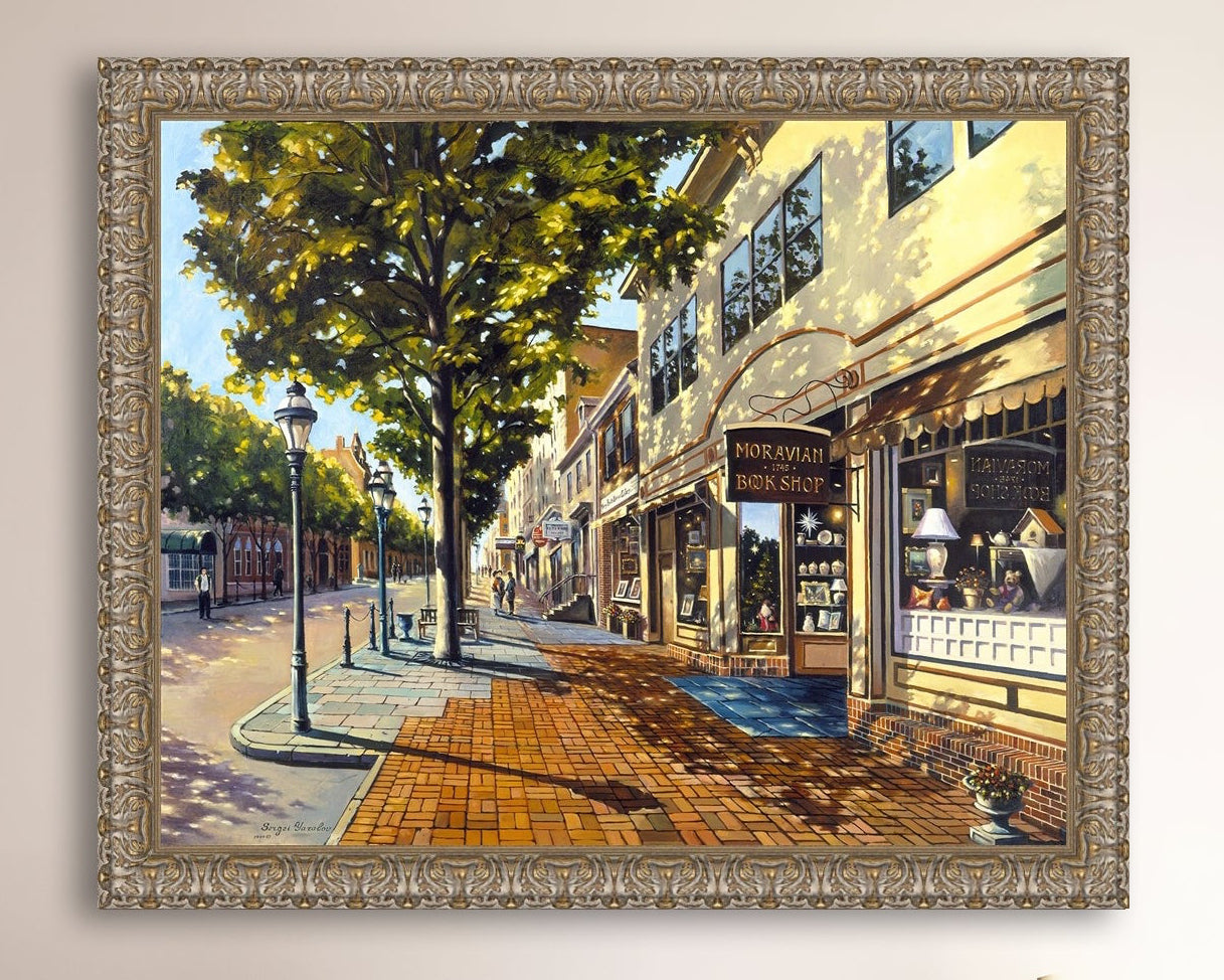 A vibrant giclee canvas print depicting a main street Bethlehem scene with Moravian Book shop.