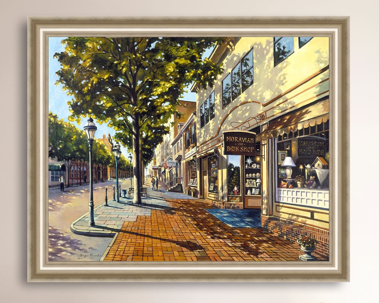 A vibrant giclee canvas print depicting a main street Bethlehem scene with Moravian Book shop.