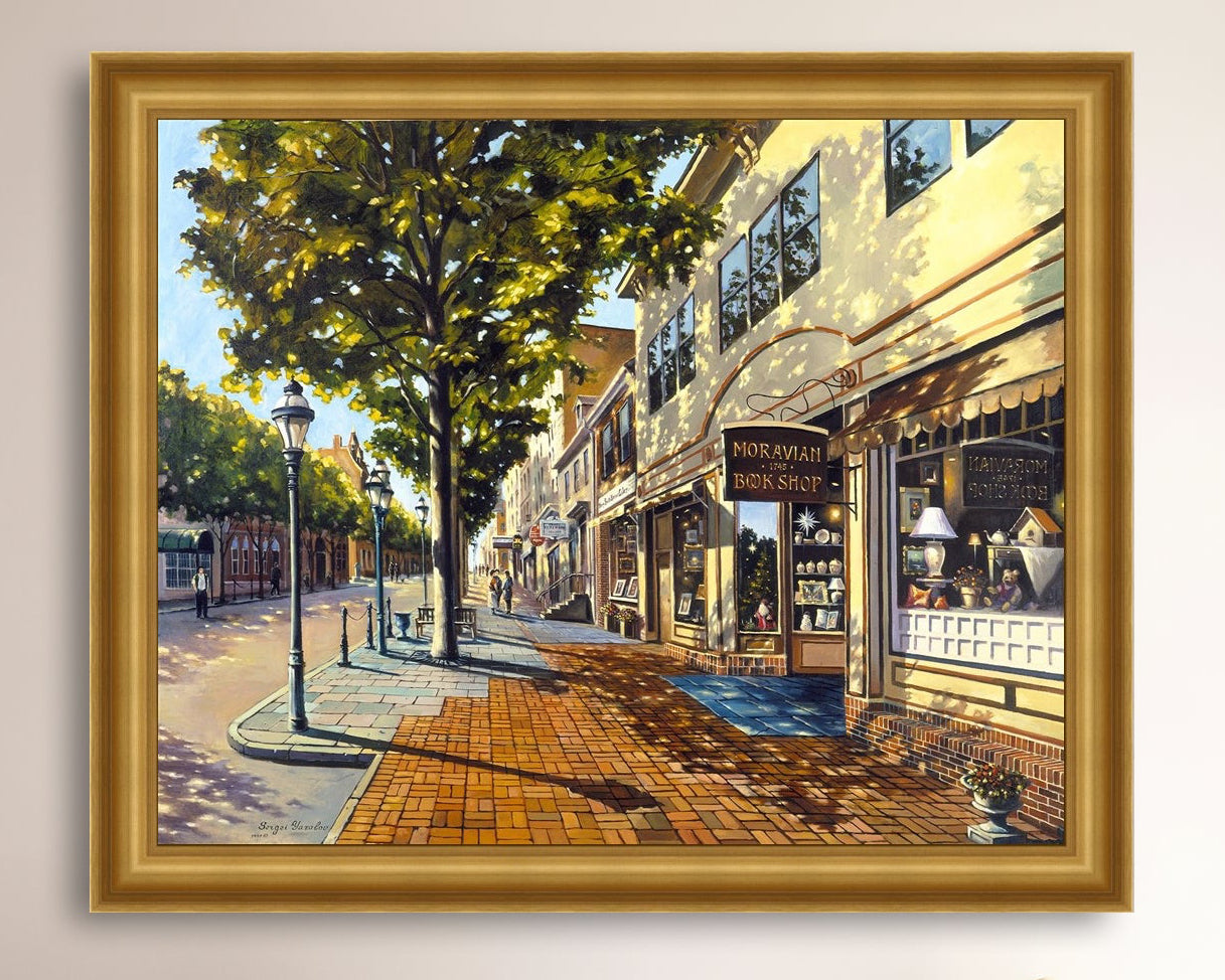 A vibrant giclee canvas print depicting a main street Bethlehem scene with Moravian Book shop.