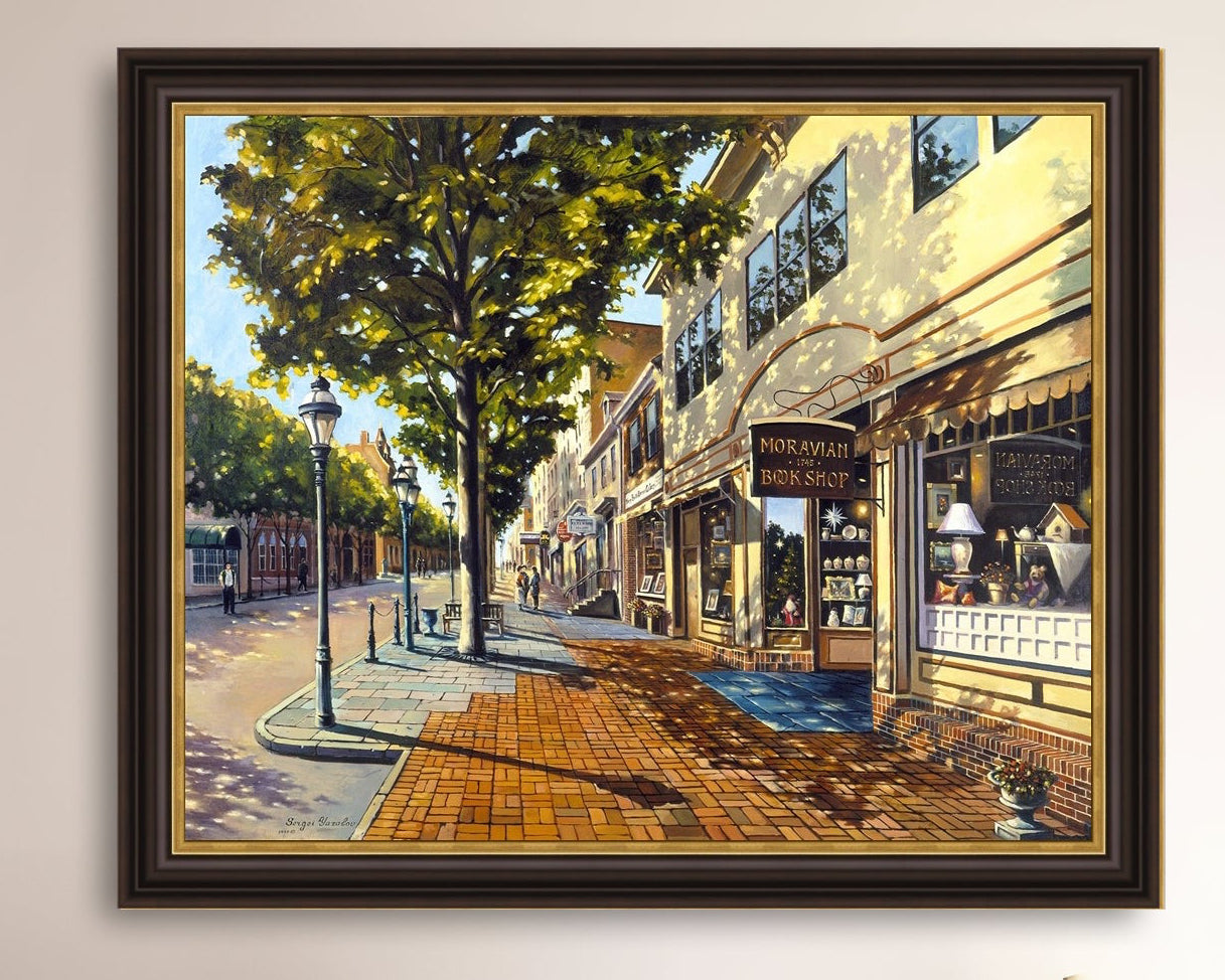 A vibrant giclee canvas print depicting a main street Bethlehem scene with Moravian Book shop.