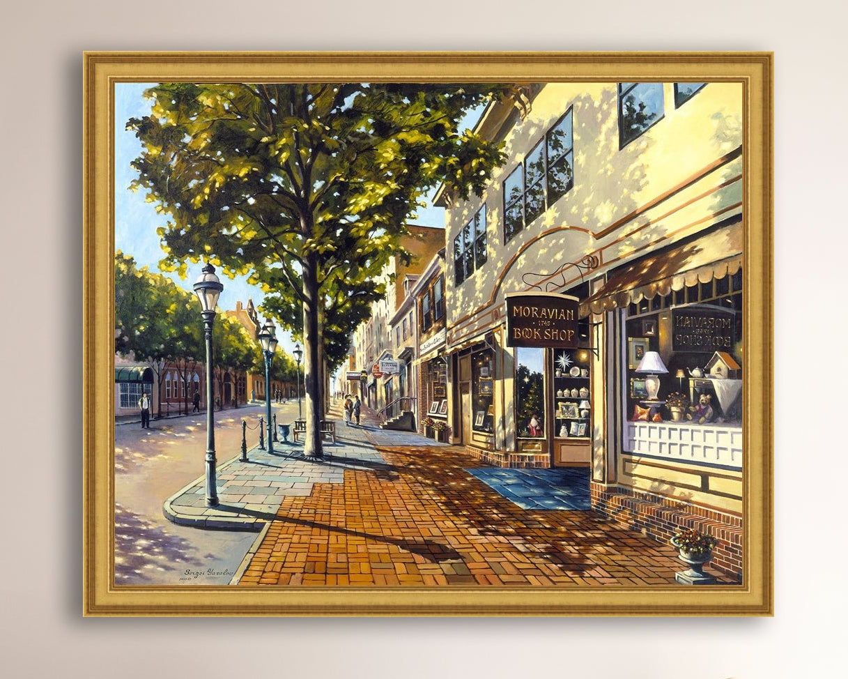 A vibrant giclee canvas print depicting a main street Bethlehem scene with Moravian Book shop.