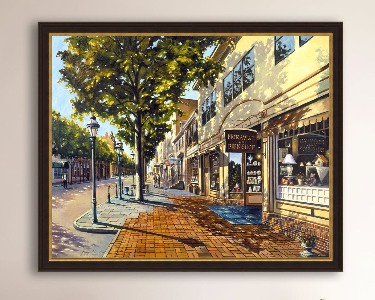 A vibrant giclee canvas print depicting a main street Bethlehem scene with Moravian Book shop.