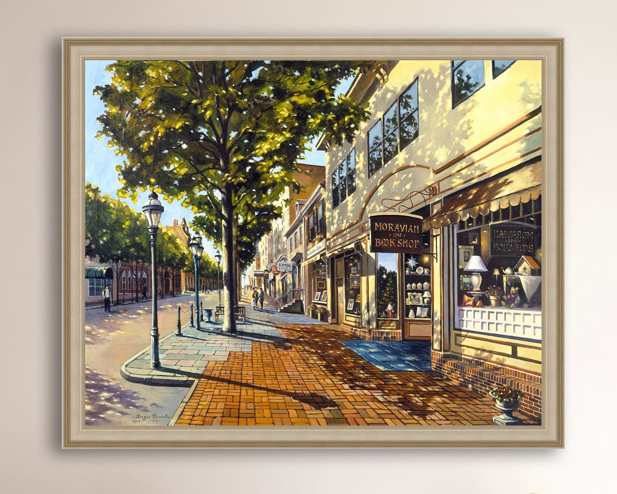 A vibrant giclee canvas print depicting a main street Bethlehem scene with Moravian Book shop.