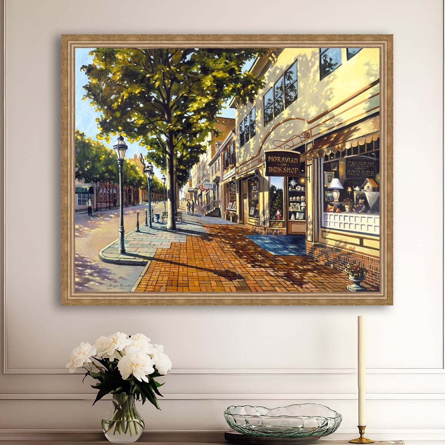 A vibrant giclee canvas print depicting a main street Bethlehem scene with Moravian Book shop.