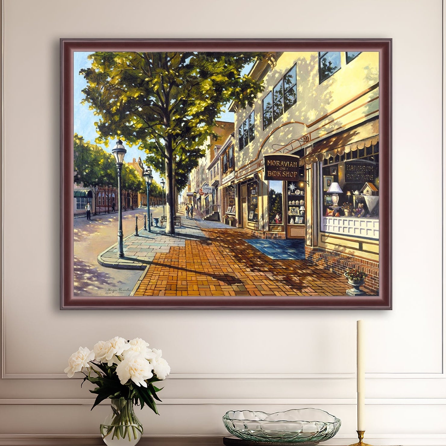 A vibrant giclee canvas print depicting a main street Bethlehem scene with Moravian Book shop.