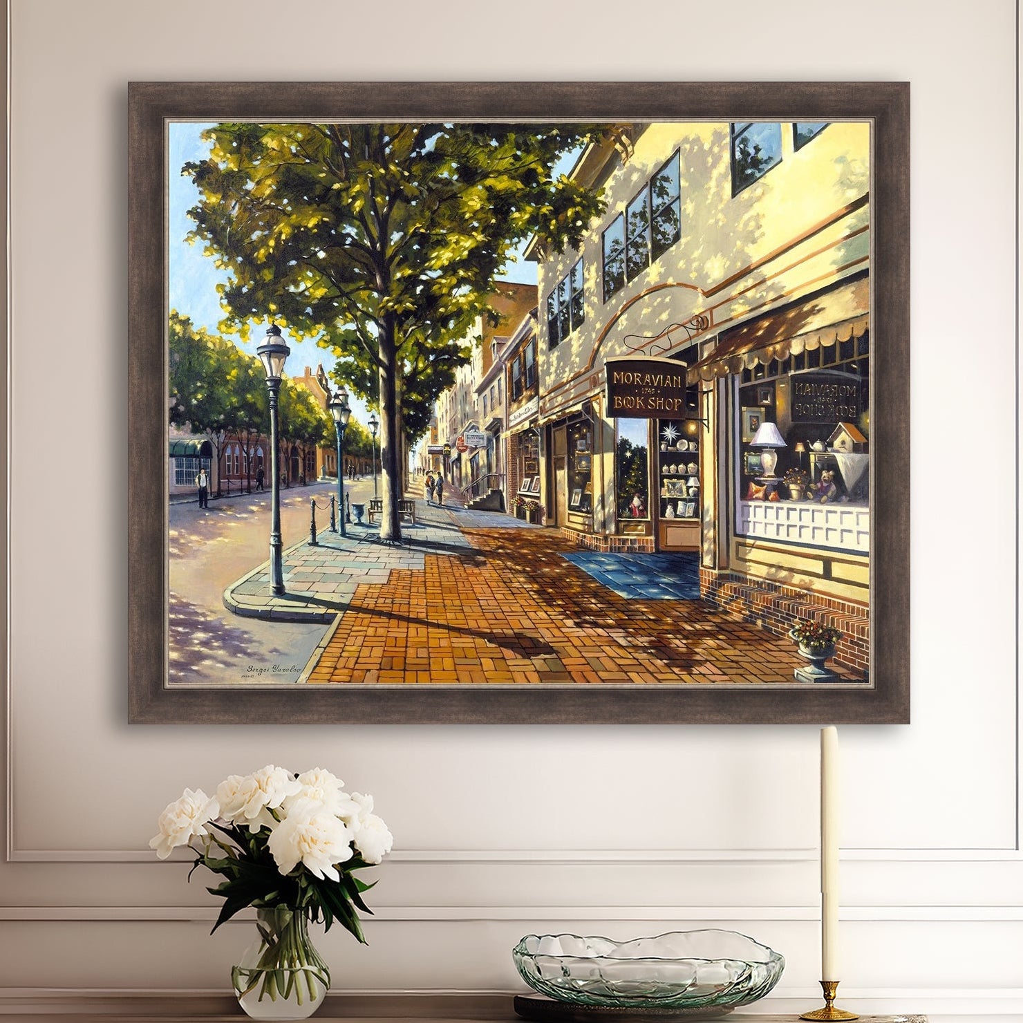 A vibrant giclee canvas print depicting a main street Bethlehem scene with Moravian Book shop.