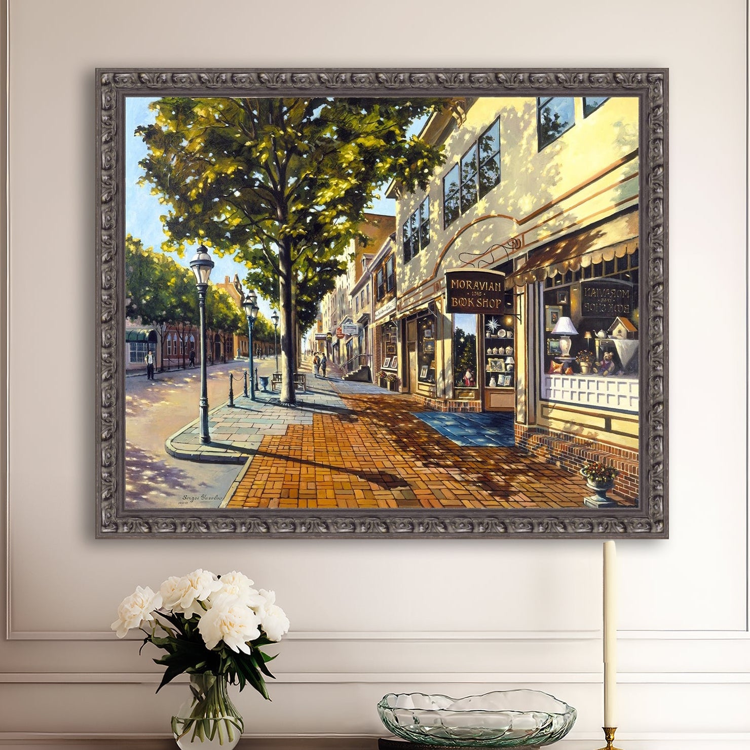 A vibrant giclee canvas print depicting a main street Bethlehem scene with Moravian Book shop.