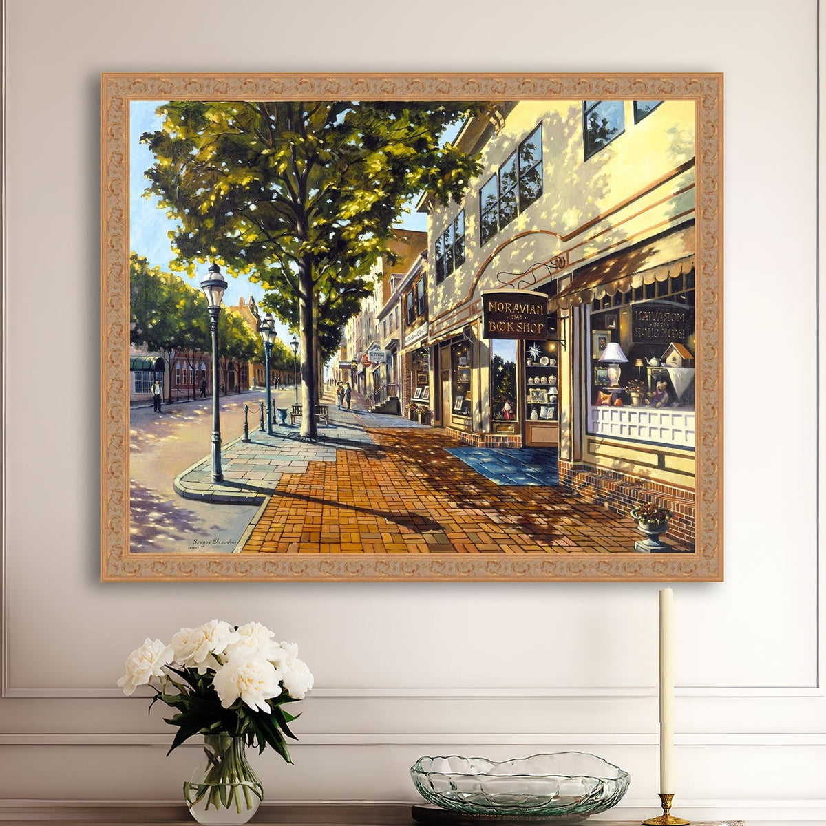 A vibrant giclee canvas print depicting a main street Bethlehem scene with Moravian Book shop.