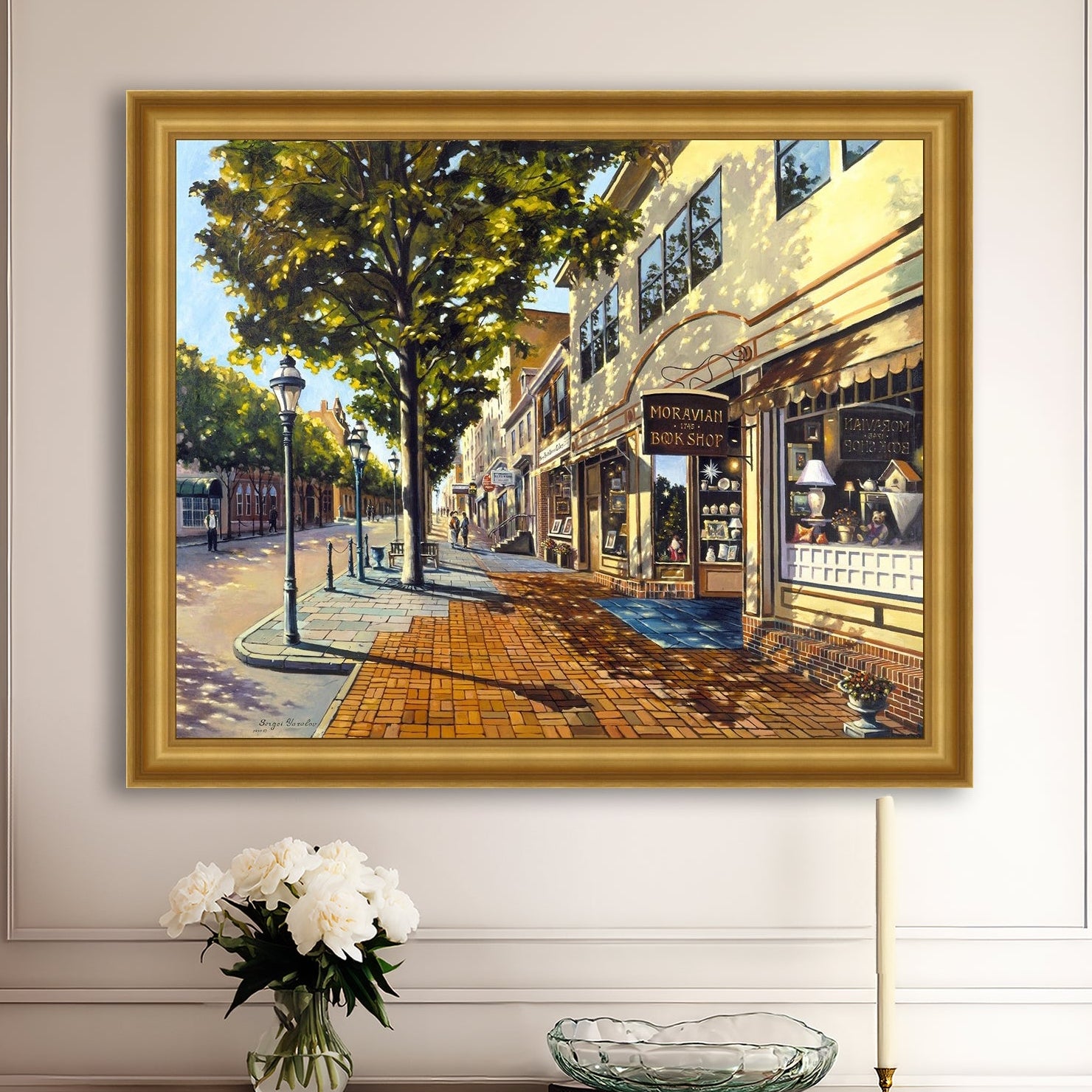 A vibrant giclee canvas print depicting a main street Bethlehem scene with Moravian Book shop.
