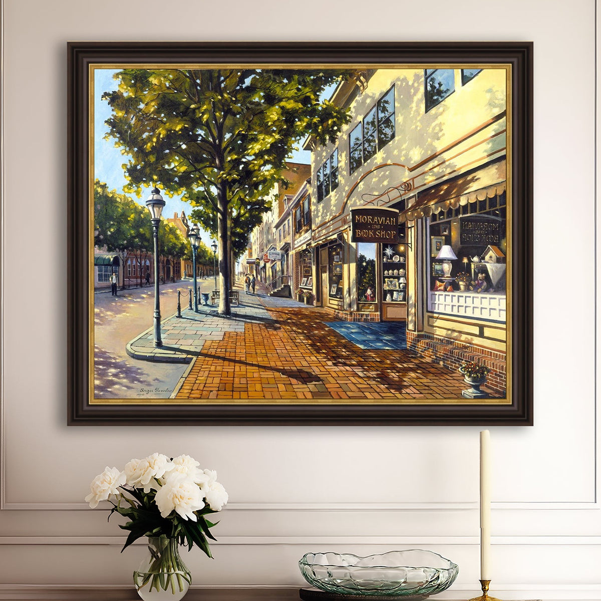 A vibrant giclee canvas print depicting a main street Bethlehem scene with Moravian Book shop.