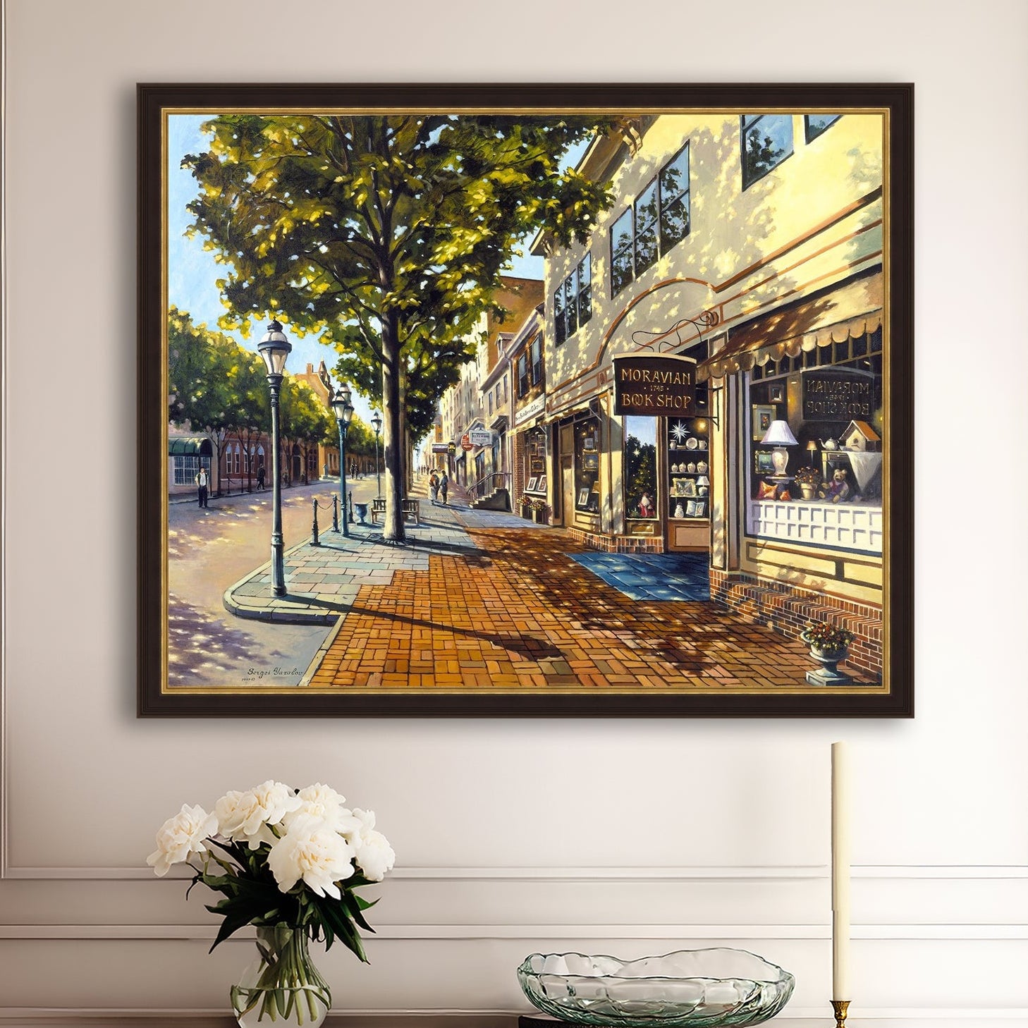 A vibrant giclee canvas print depicting a main street Bethlehem scene with Moravian Book shop.