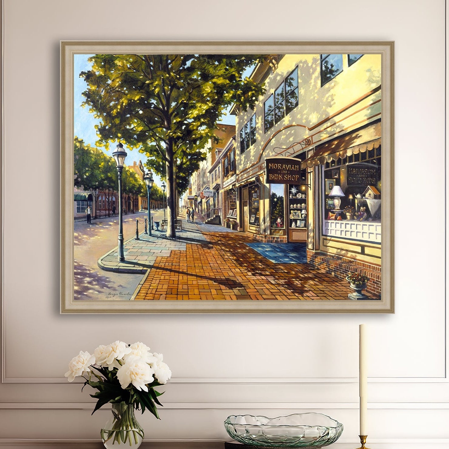 A vibrant giclee canvas print depicting a main street Bethlehem scene with Moravian Book shop.