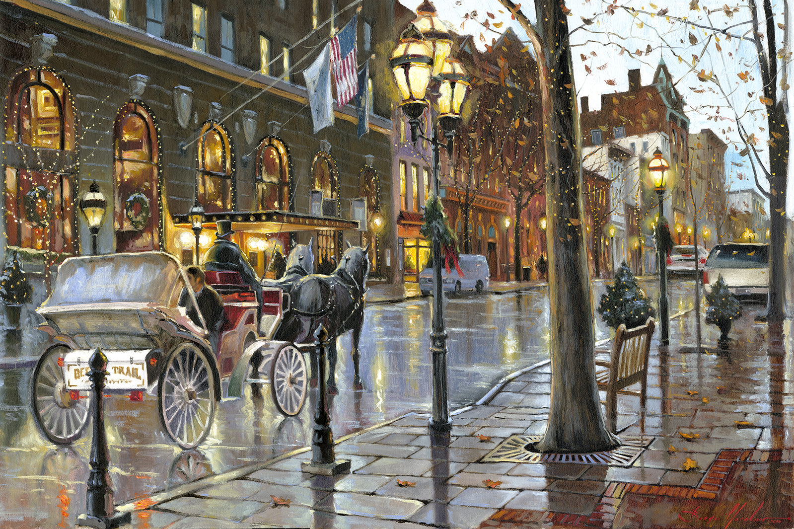 A canvas print depicting a Christmas scene with a horse-drawn carriage on a wet main street in Bethlehem with stores and Christmas lights in the background.