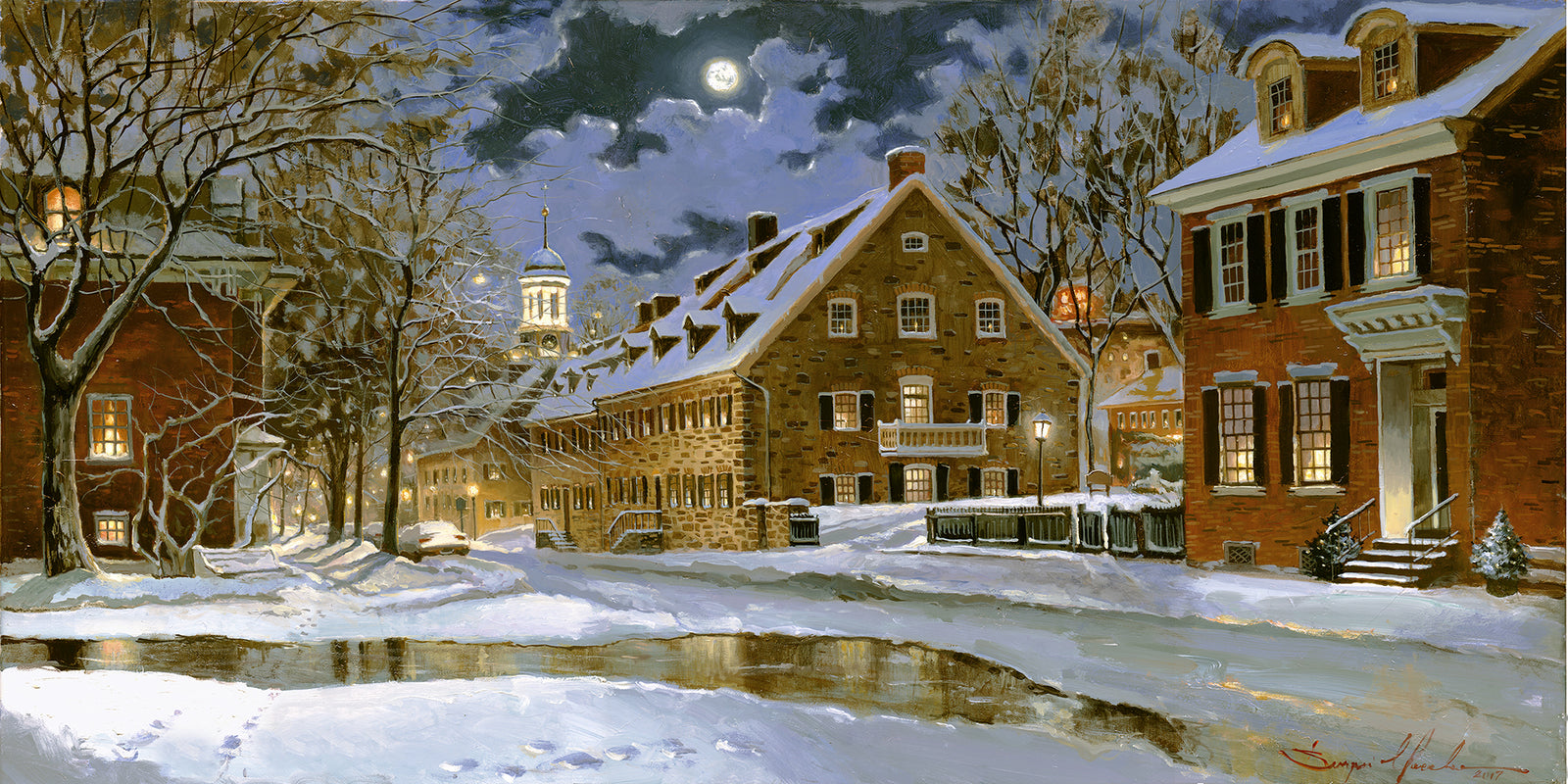 Snowy Bethlehem scene with Moravian Church at night.