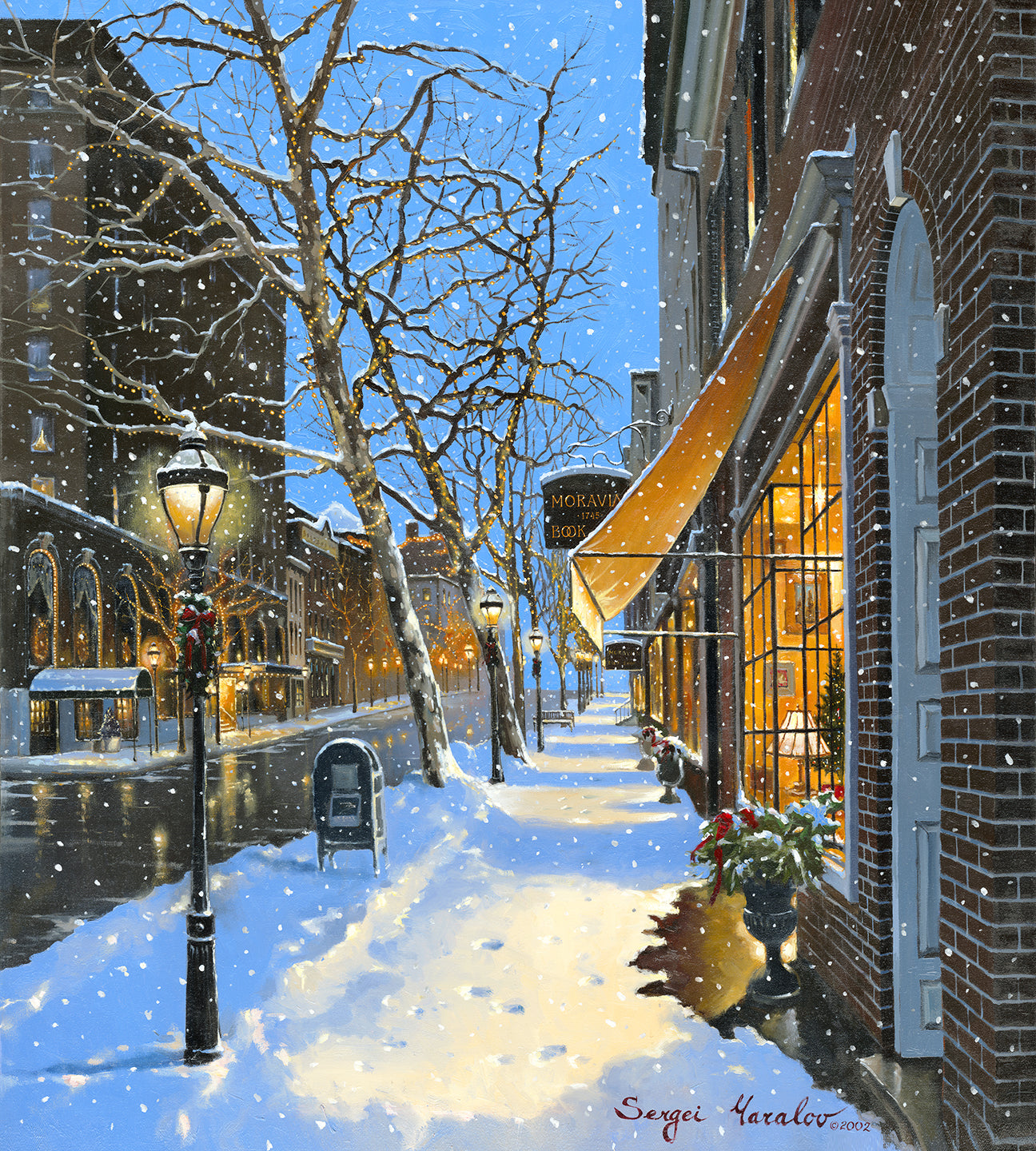 A canvas print of Moravian Bookshop, a snowy street scene in Bethlehem with footprints on the snow.