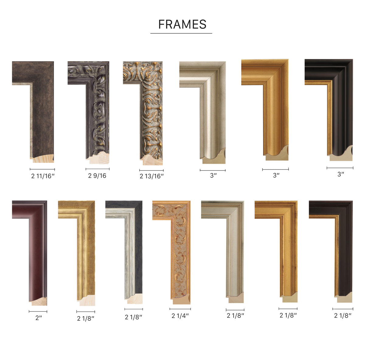 Collection of various frame styles with dimensions on a white background
