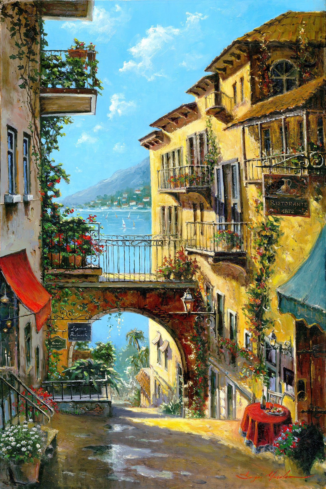 A vibrant canvas print depicting a narrow street with arches and balconies, Lake Como