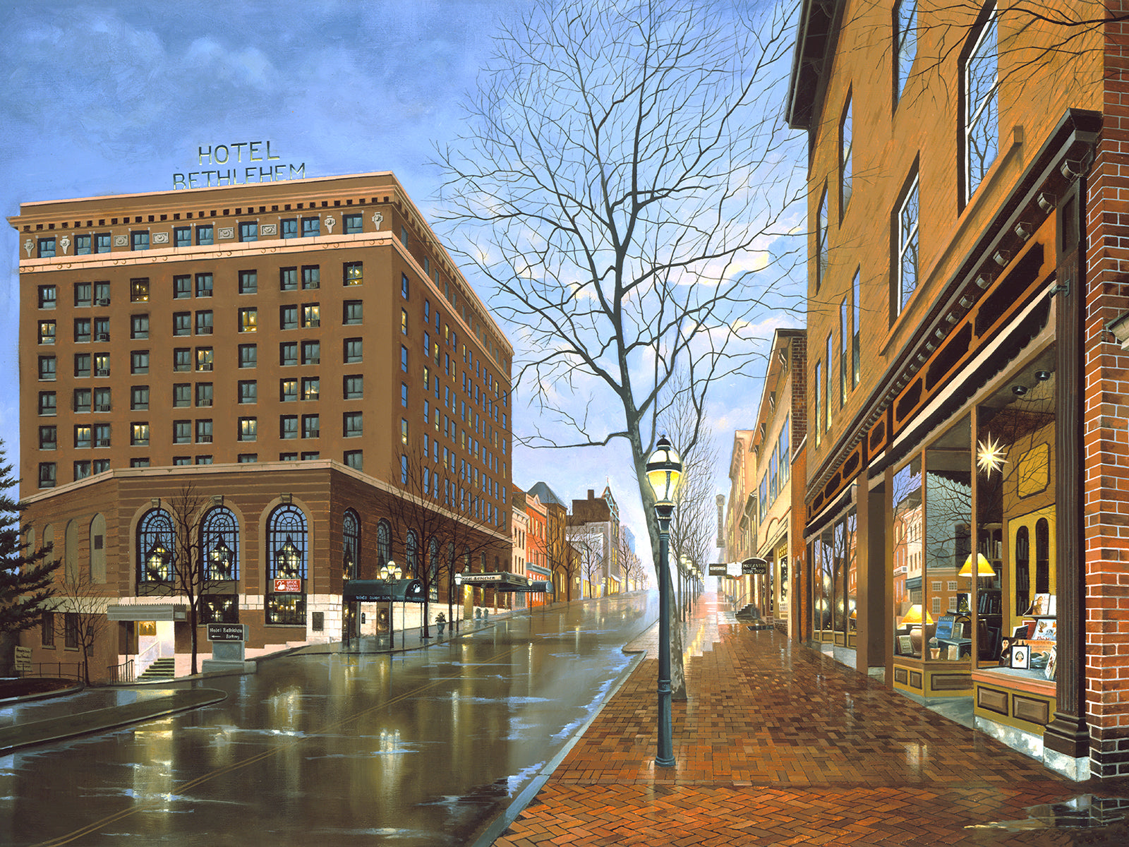 Main Street scene with  Hotel Bethlehem and Moravian Book Shop 