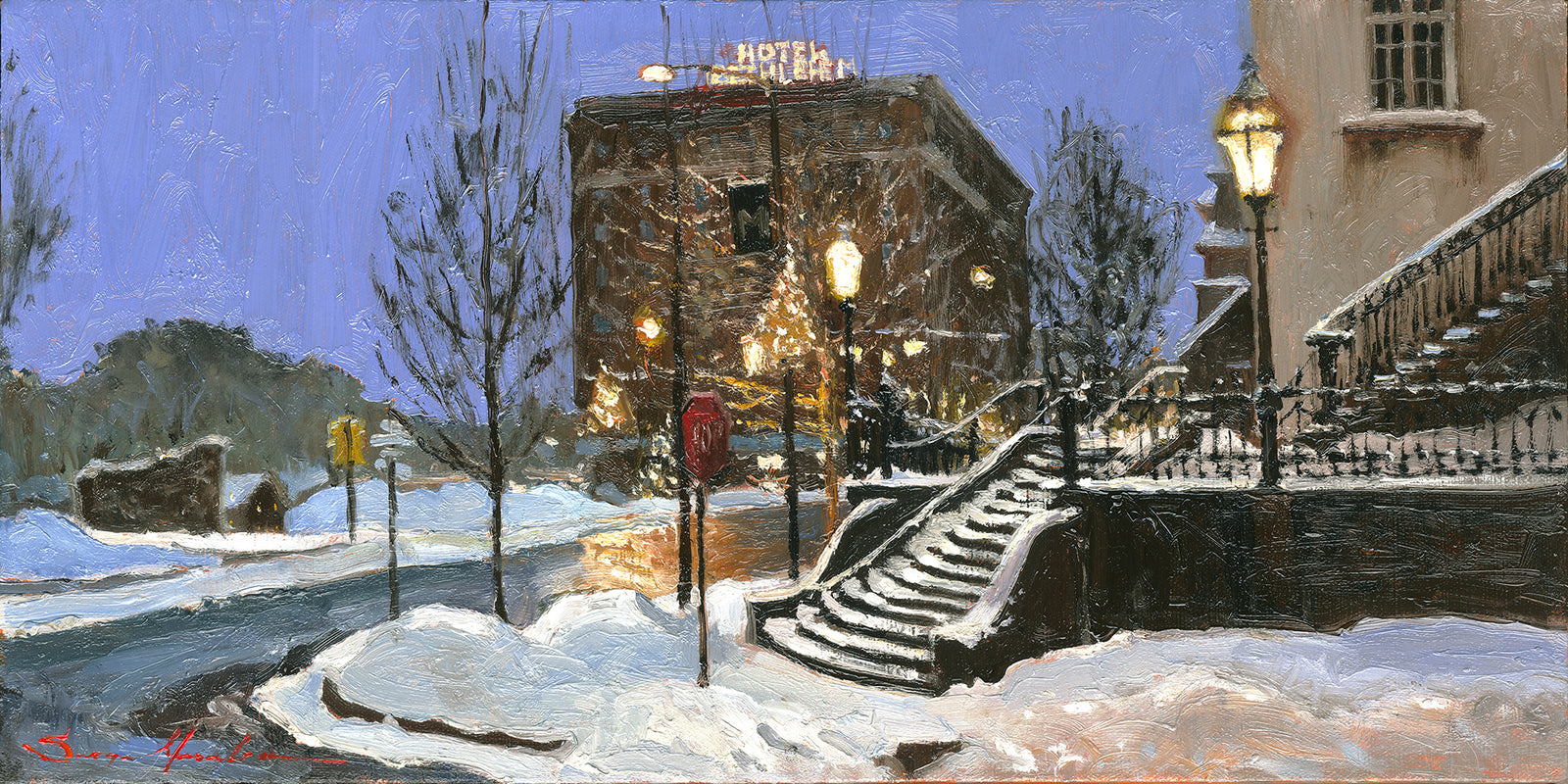A canvas print depicting Main Street with snow on the ground, Moravian Church steps, and a street lamp.