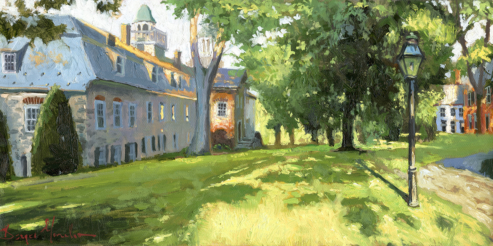 Painting of a sunlit Moravian Chapel with a lamp post and trees.