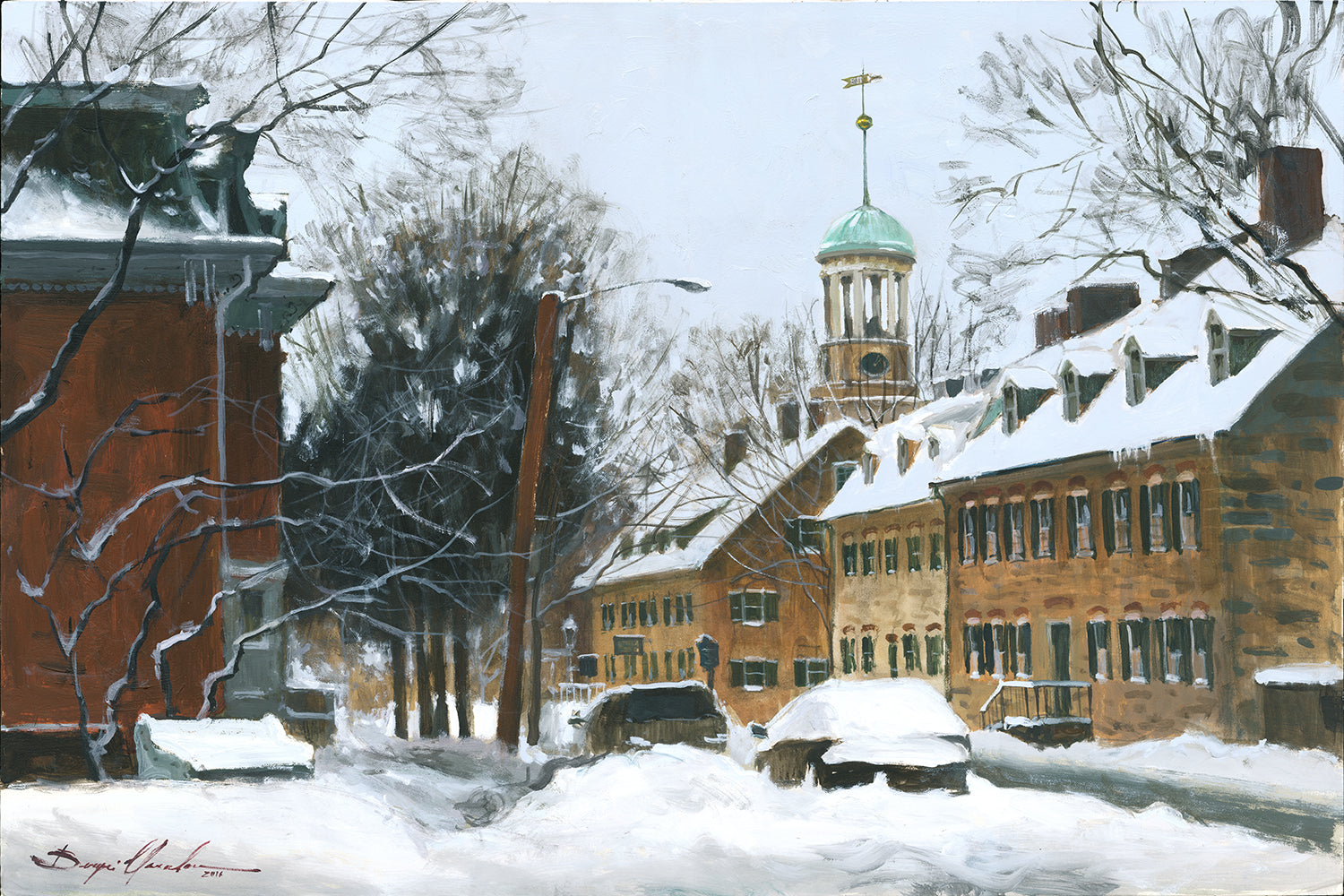 A canvas print depicting a snowy scene on Church Street with the Moravian Chapel and Church in the background.