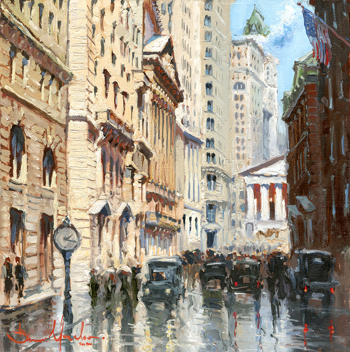 A canvas print depicting a vibrant street scene in New York City with a focus on a stock exchange building