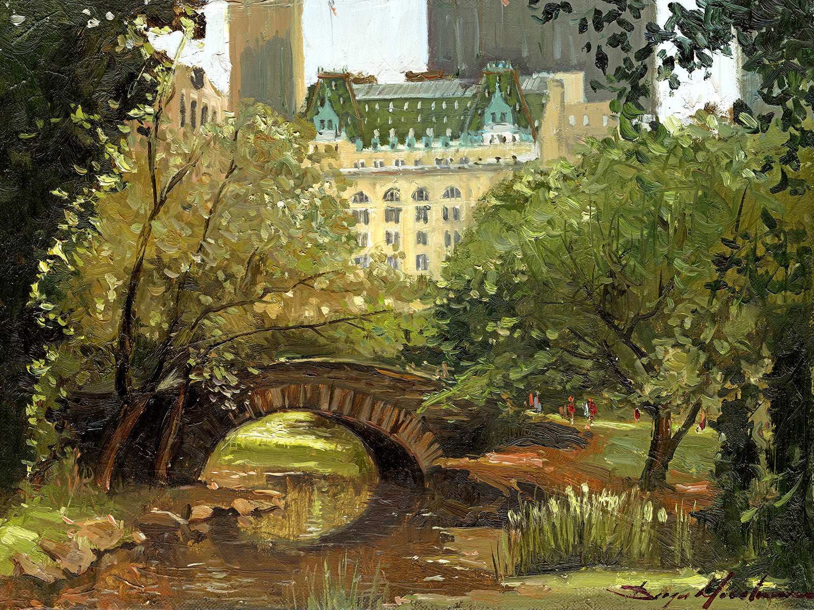 A canvas print of 'Summer in Central Park, New York' featuring bridge in the park and Plaza Hotel in the background.