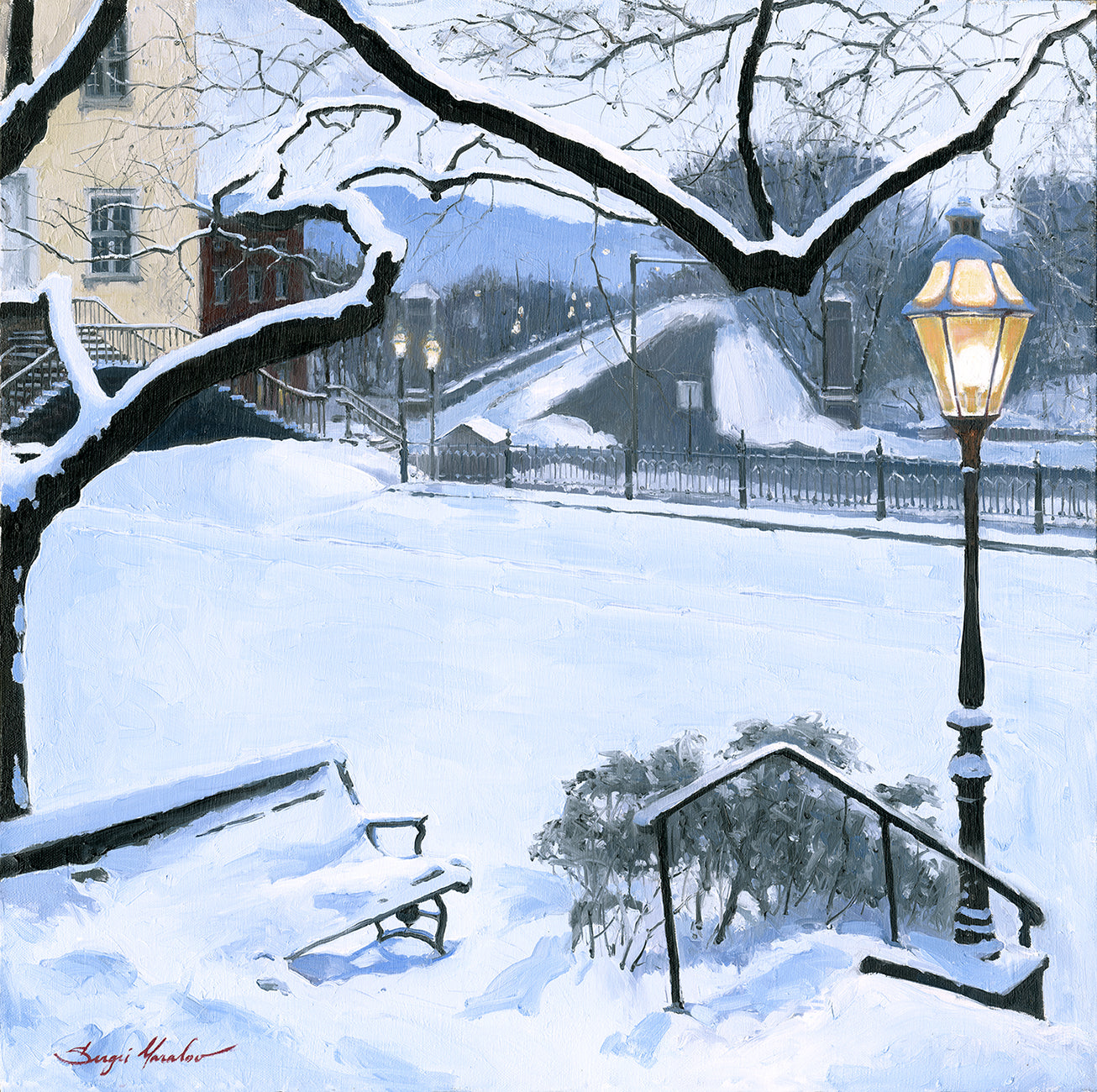 A canvas print featuring a snowy landscape with a bench, a lamp post, in the foreground, and Moravian Church in the background.