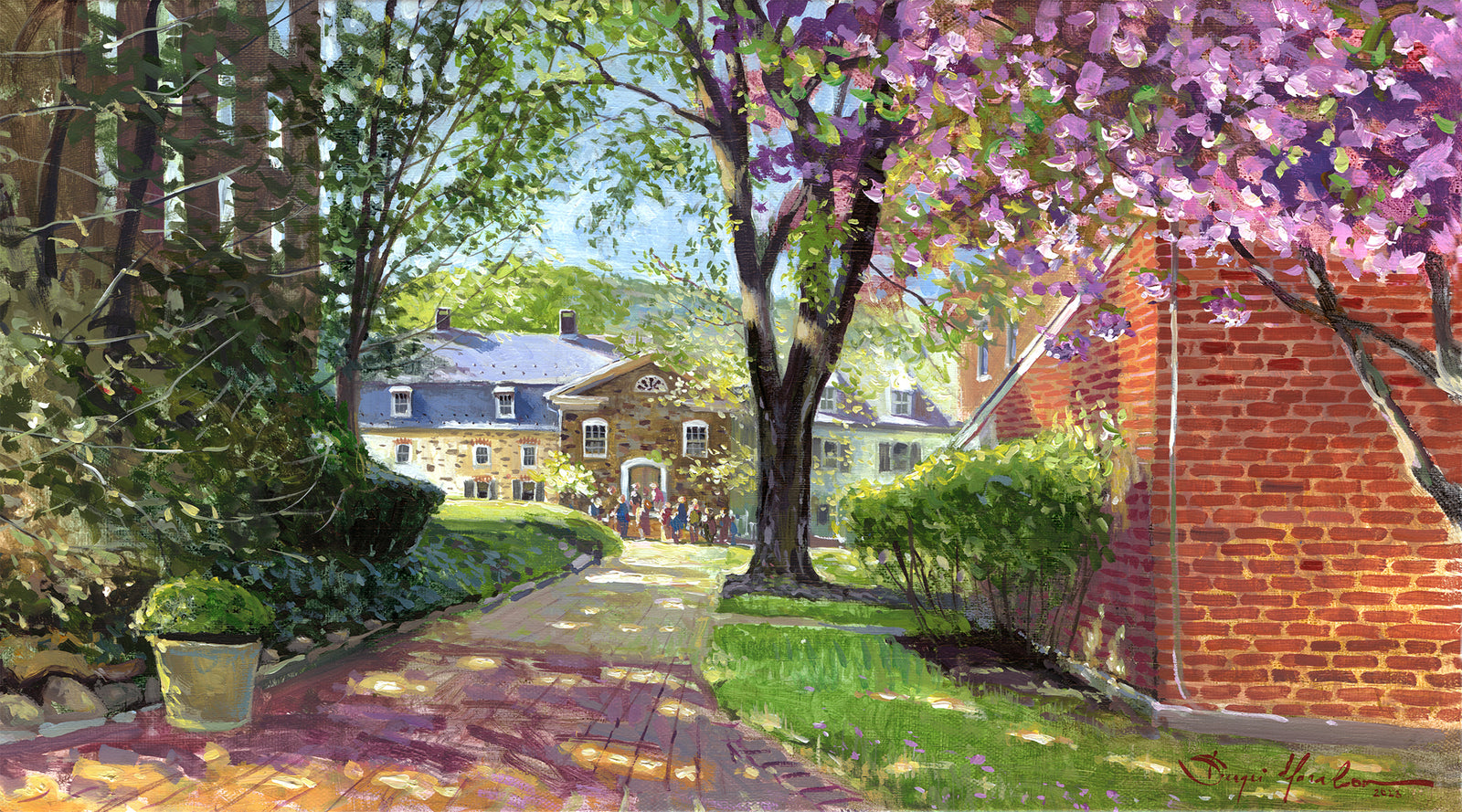A canvas print depicting a vibrant spring scene with a pathway, trees in bloom, and a historic Moravian Chapel in the background.