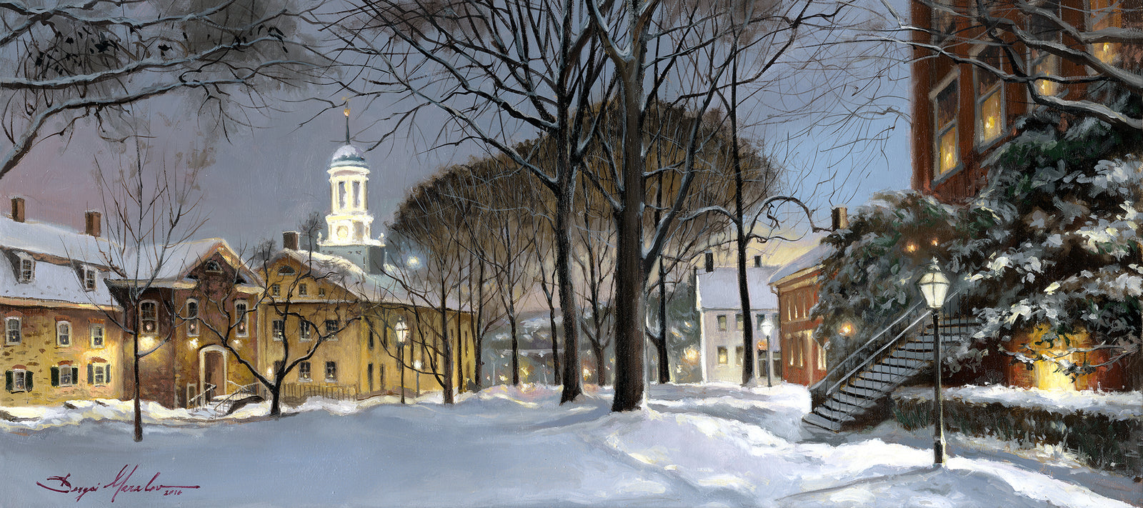 Snowy Winter Night, Moravian Academy scene with Moravian Church and trees.