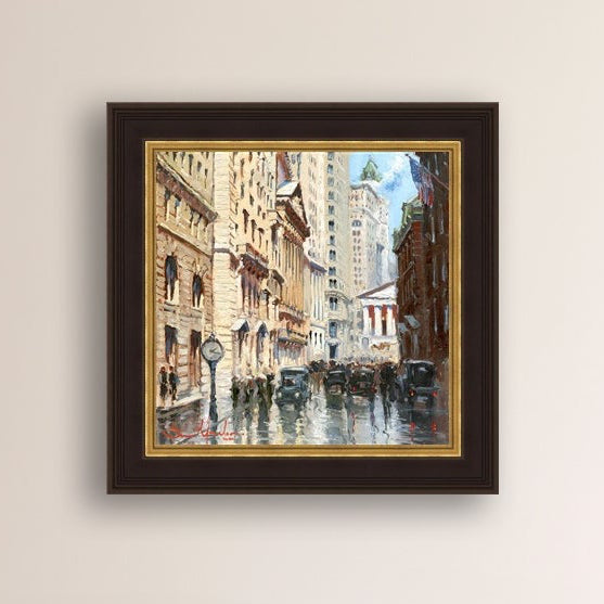 A canvas print depicting a vibrant street scene in New York City with a focus on a stock exchange building