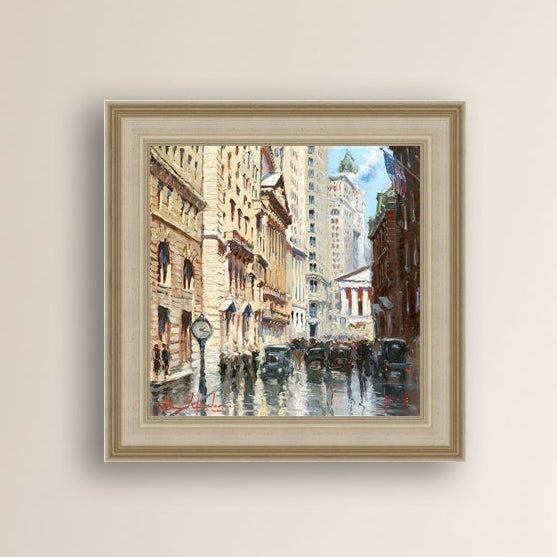 A canvas print depicting a vibrant street scene in New York City with a focus on a stock exchange building