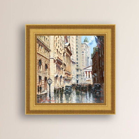 A canvas print depicting a vibrant street scene in New York City with a focus on a stock exchange building