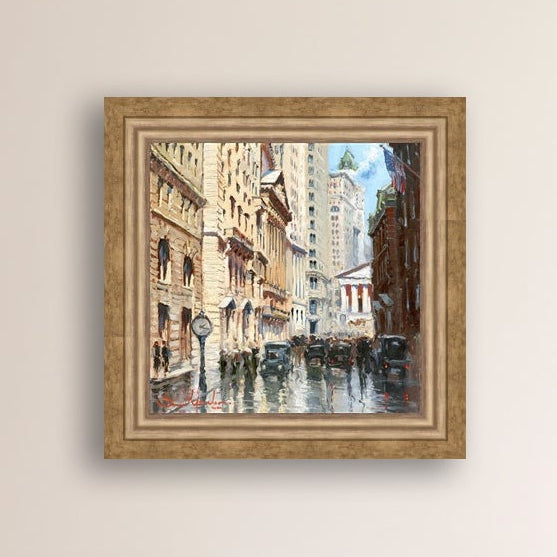 A canvas print depicting a vibrant street scene in New York City with a focus on a stock exchange building
