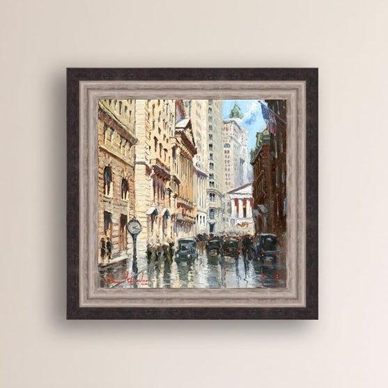 A canvas print depicting a vibrant street scene in New York City with a focus on a stock exchange building