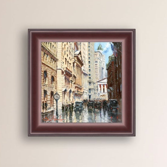 A canvas print depicting a vibrant street scene in New York City with a focus on a stock exchange building