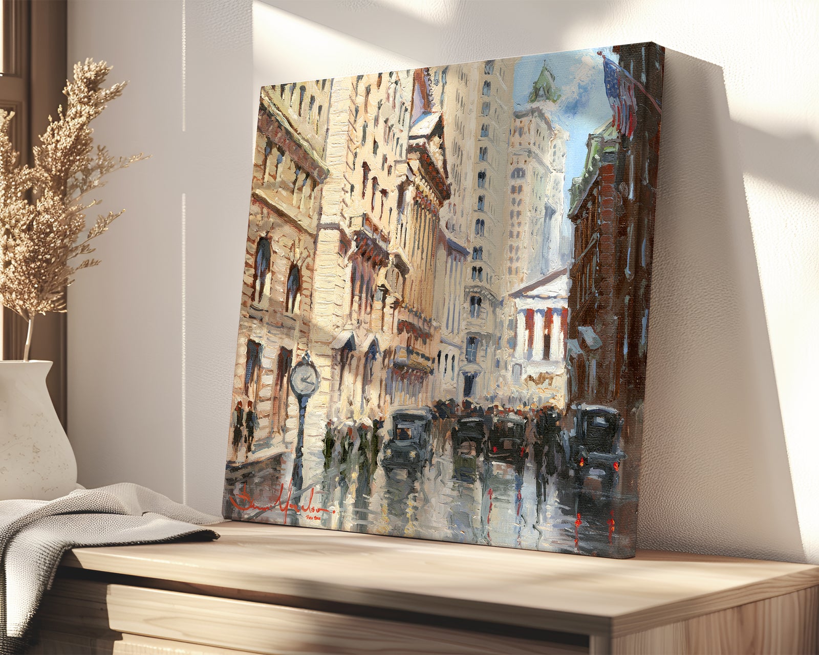 A canvas print depicting a vibrant street scene in New York City with a focus on a stock exchange building