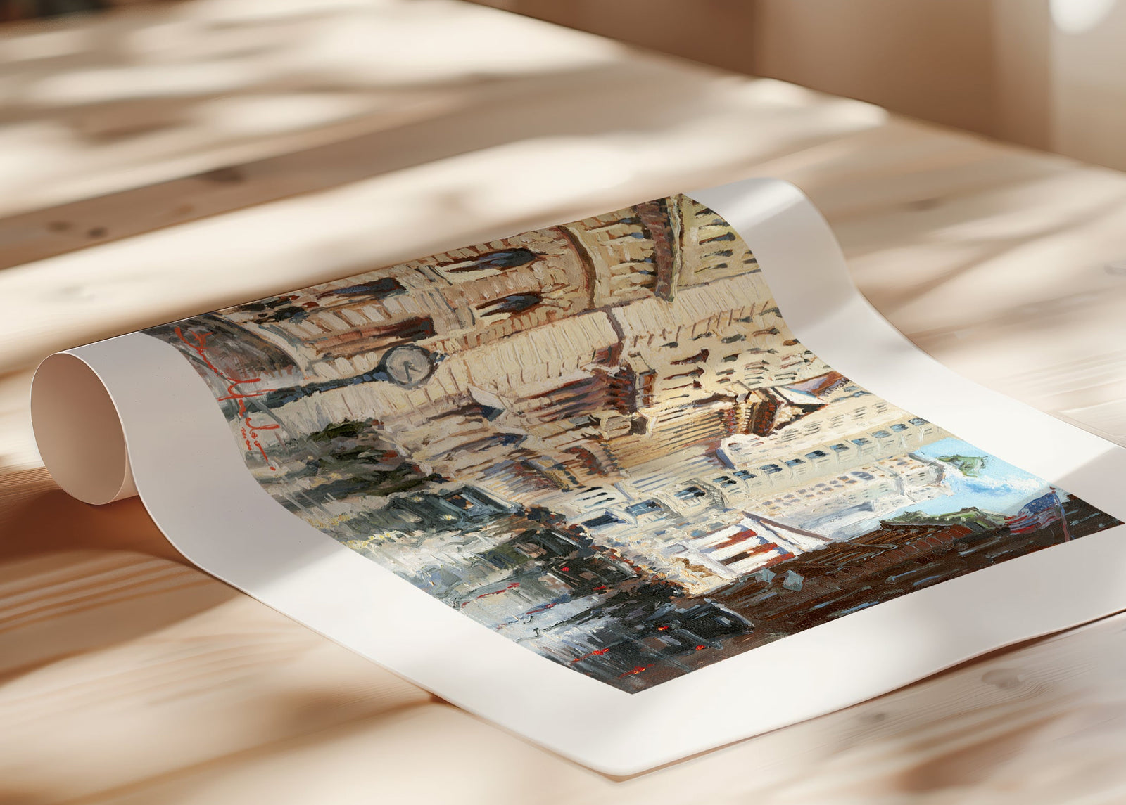 A canvas print depicting a vibrant street scene in New York City with a focus on a stock exchange building