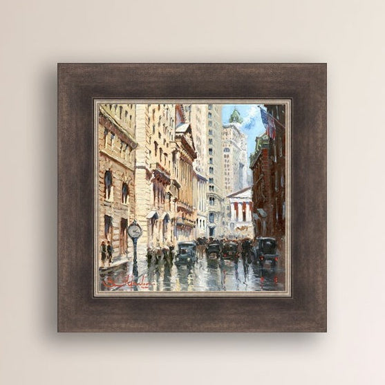 A canvas print depicting a vibrant street scene in New York City with a focus on a stock exchange building