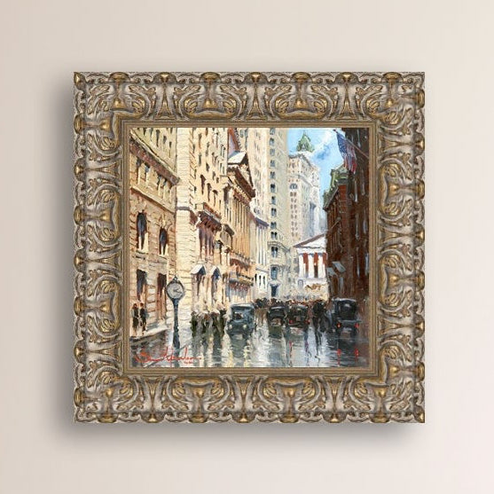 A canvas print depicting a vibrant street scene in New York City with a focus on a stock exchange building