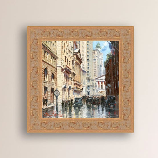 A canvas print depicting a vibrant street scene in New York City with a focus on a stock exchange building